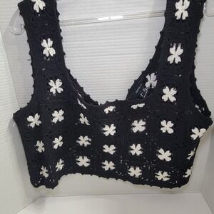 Forever‎ 21 Knit Crop Top Crochet Tie Knot  Bohemian Black White Florals Size 3X
